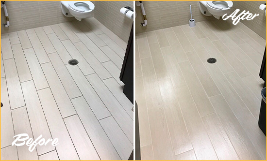 Before and After Picture of a Coppell Office Restroom's Grout Cleaned to Remove Dirt