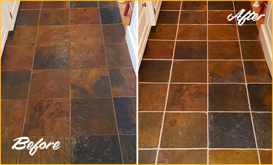 Before and After Picture of Coppell Slate Floor Grout Cleaned to Remove Dirt