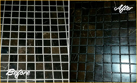 Before and After Picture of a Seagoville Black Floor with Recolored Grout