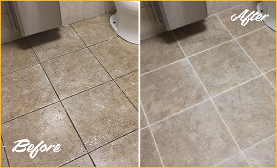 Before and After Picture of a Grand Prairie Office Restroom Floor Recolored Grout