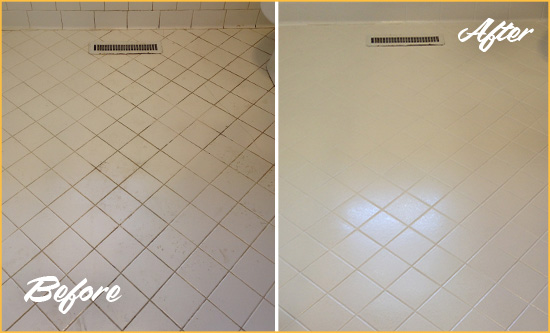 Before and After Picture of a Keller White Bathroom Floor Grout Sealed for Extra Protection