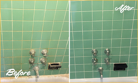 Before and After Picture of a Lavon Bath Tub Grout Sealed to Avoid Water Damage