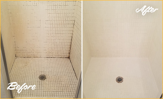 Before and After Picture of a Dalworthington Gardens Bathroom Grout Sealed to Remove Mold