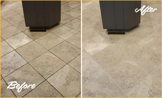 Before and After Picture of a Ferris Kitchen Floor Grout Sealed to Remove Stains