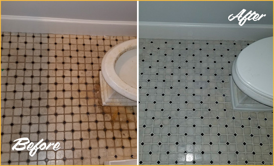 Before and After Picture of a Pelican Bay Bathroom Floor Cleaned to Remove Embedded Dirt