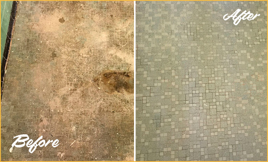 Before and After Picture of a Benbrook Mosaic Shower Cleaned to Eliminate Embedded Dirt