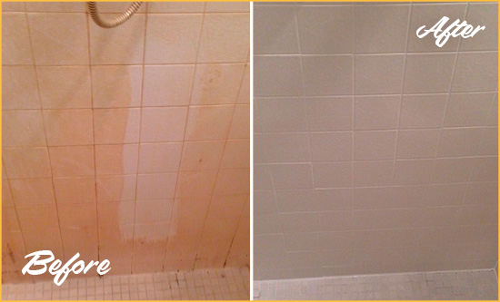 Before and After Picture of a Plano Porcelaine Shower Cleaned to Remove Soap Scum