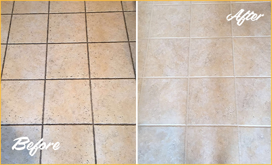 Before and After Picture of a Plano Ceramic Floor Cleaned to Remove Soil