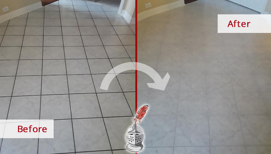 Before and After Image of a Floor After a Remarkable Grout Cleaning in McKinney, TX