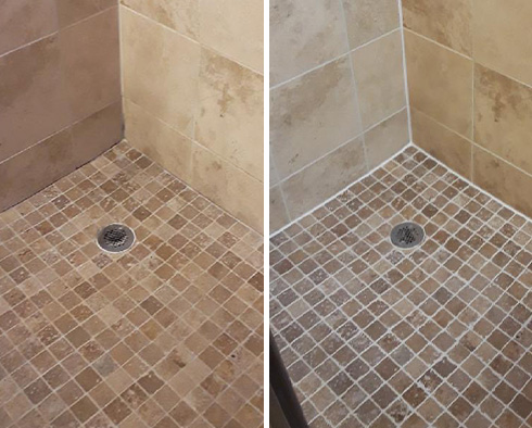 Before and After Image of a Shower After a Grout Sealing in Dallas, TX
