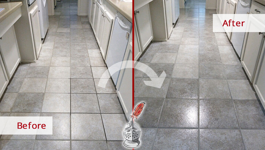 Image of a Kitchen Floor Before and After a Tile Sealing in Plano, TX