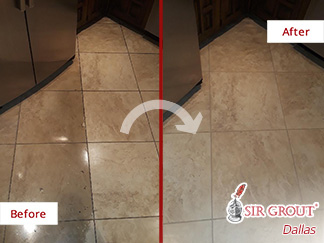 Image of a Kitchen Floor Before and After a Tile Cleaning in Dallas, TX
