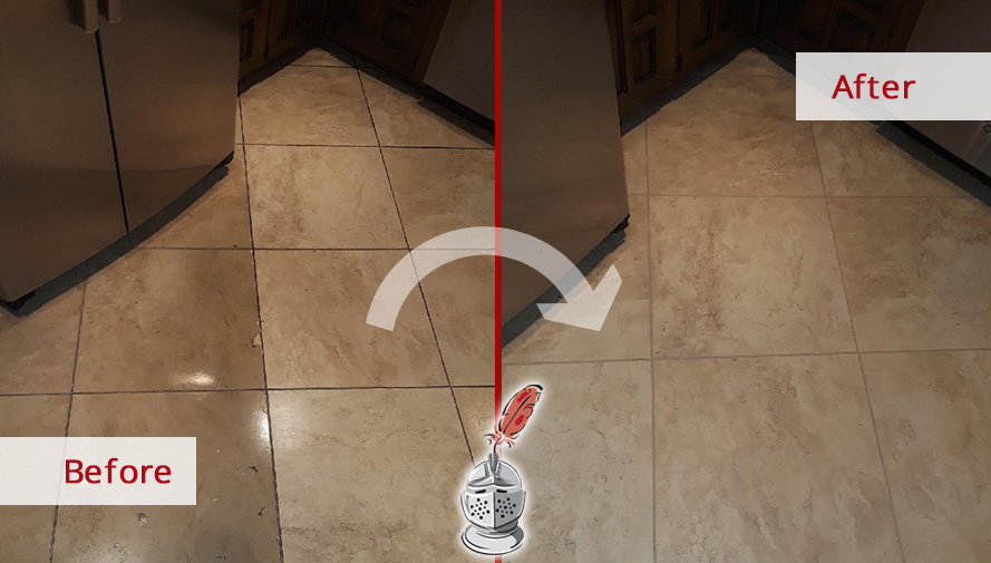 Image of a Kitchen Floor Before and After a Professional Tile Cleaning in Dallas, TX