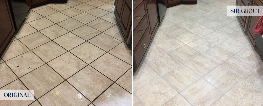 Kitchen Floor Before and After a Tile Cleaning in Fort Dallas, TX