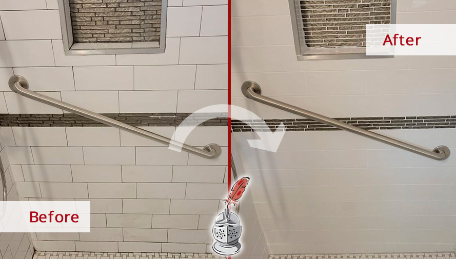 Shower Walls Before and After a Remarkable Grout Sealing in Dallas, TX