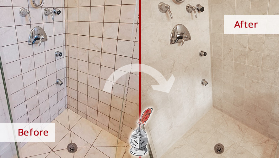 Shower Before and After a Remarkable Grout Cleaning in Fort Worth, TX