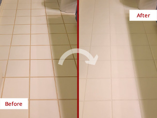 Bathroom Floor Before and After Our Grout Recoloring in Rockwall, TX