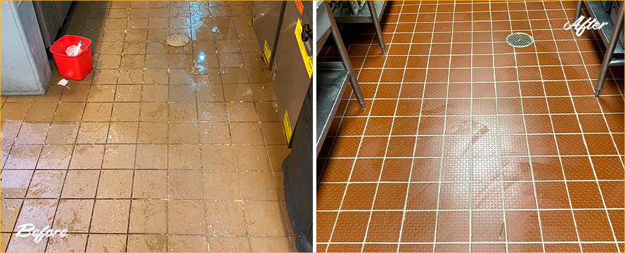 Restaurant Kitchen Floor Before and After a Tile Cleaning in Dallas, TX