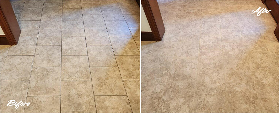 Living Room Floor Before and After a Grout Recoloring in Fort Worth