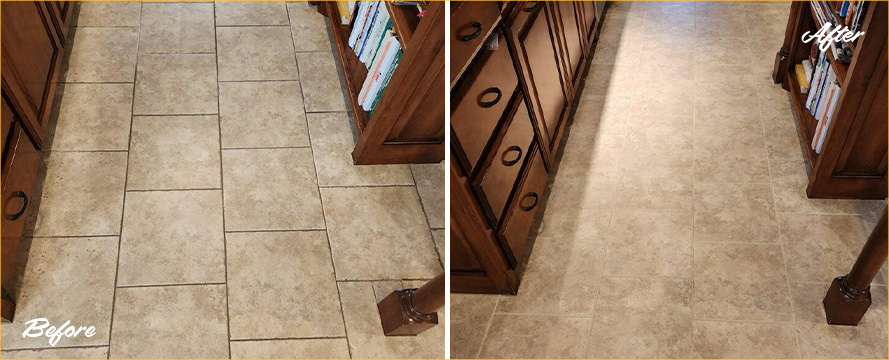 Tile Floor Before and After a Grout Recoloring in Fort Worth
