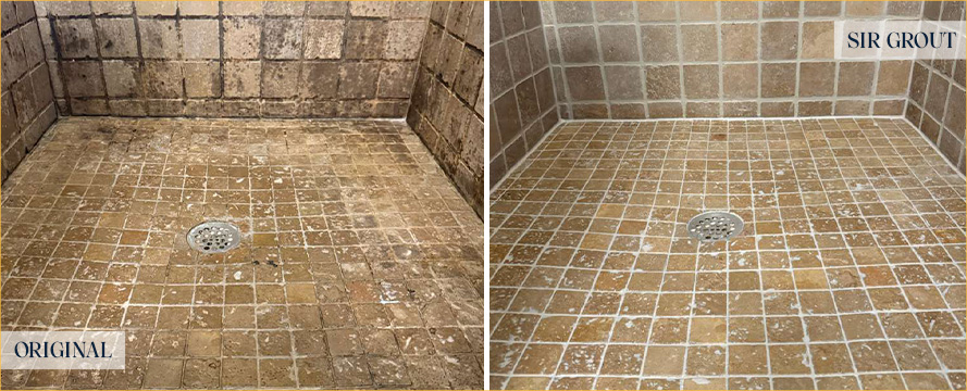 Shower Before and After a Flawless Stone Cleaning in Denton, TX