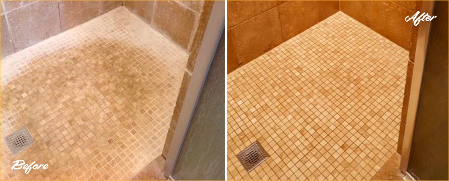 Before and After Picture of a Tile Cleaning Job in Dallas, Texas