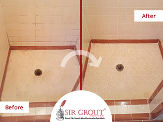 Before and After Picture of Our Tile and Grout Cleaners in Dallas