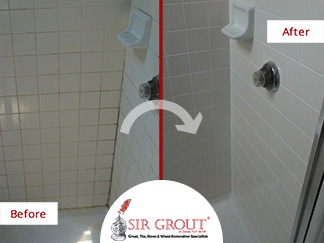 Before and After Picture of a Shower in Dallas, TX with Dirty Tile and Grout