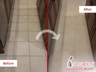 Before and After Picture of a Floor Grout Cleaning Process in Dallas, TX