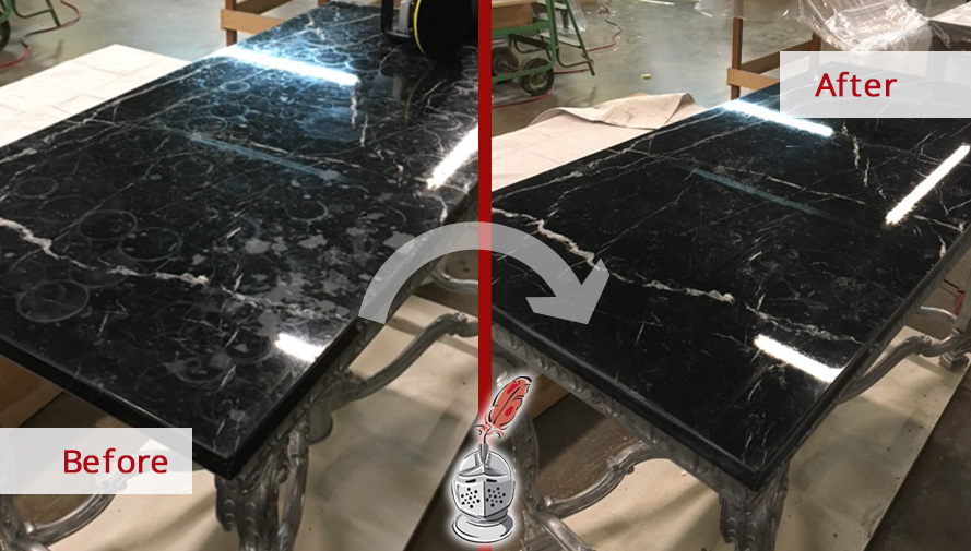 Before and after Picture of This Marble Table after a Stone Honing Job in Dallas