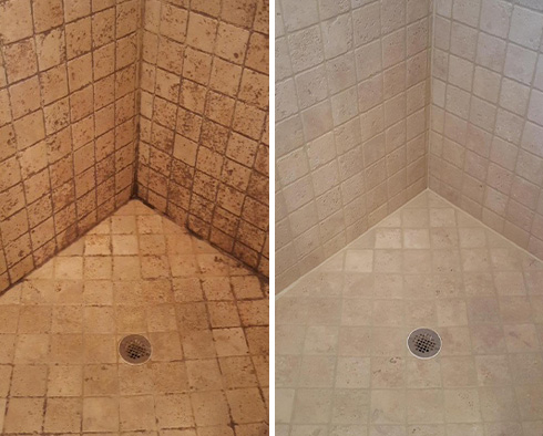 Before and after Picture of This Stone Cleaning Job Done to Restore This Shower in Dallas