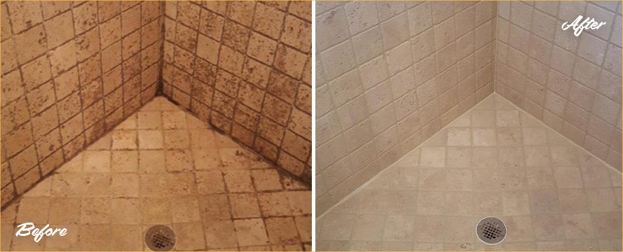 Before and after Picture of This Stone Cleaning Job Done to Restore This Travertine Shower in Dallas