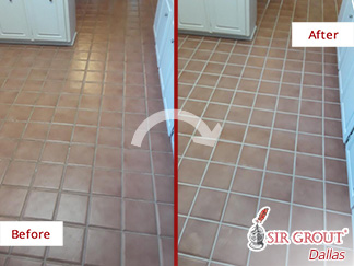 Before and after Picture of This Kitchen Floor Restored Thanks to a Grout Sealing in Dallas, TX