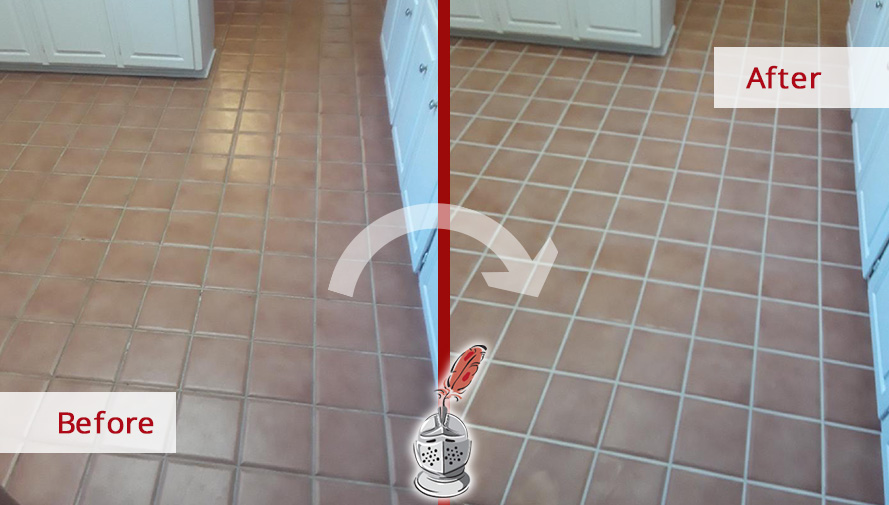 Before and after Picture of This Kitchen Floor Restored Thanks to a Grout Sealing in Dallas, TX