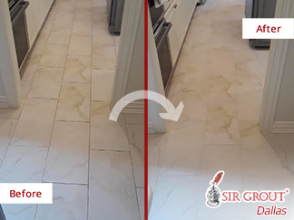 Before and after Picture of This Floor after a Grout Cleaning Job Done in Dallas