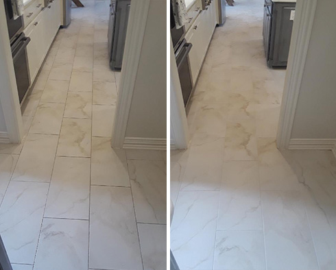 Before and after Picture of This Floor after a Grout Cleaning Job Done in Dallas