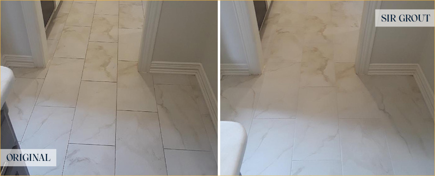 Before and after Picture of This Floor after a Grout Cleaning Job Done in Dallas