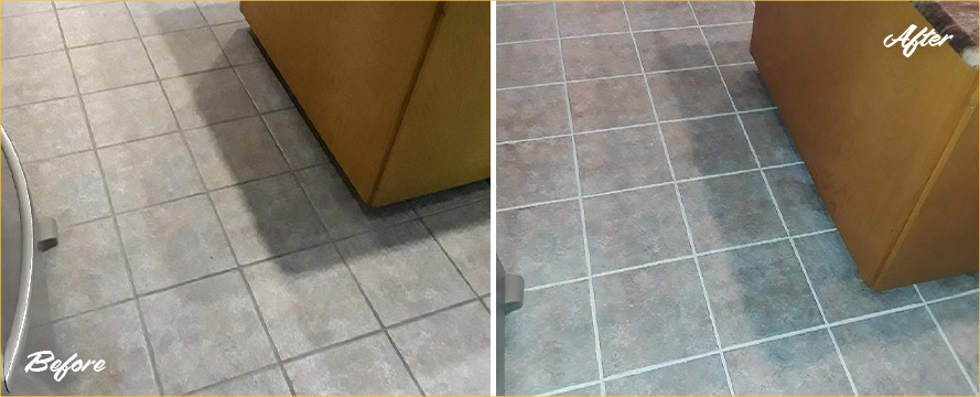 Before and after Picture of This Floor after a Grout Sealing Job in Dallas, TX