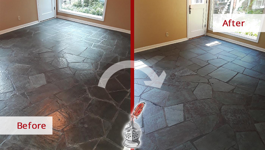 Before and after Picture of This Slate Floor after a Stone Cleaning Job in Dallas, TX