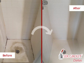 Before and After Picture of a Shower Tile Cleaning Service in Dallas, Texas