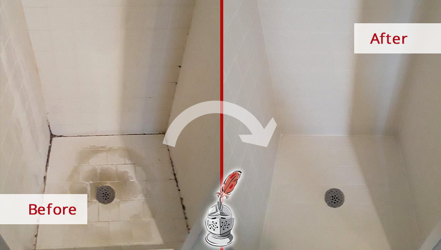 Before and After Picture of a Shower Tile Cleaning Service in Dallas, Texas