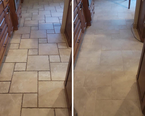 Kitchen Tile Floor Before and After Our Grout Cleaning Service in Dallas, TX