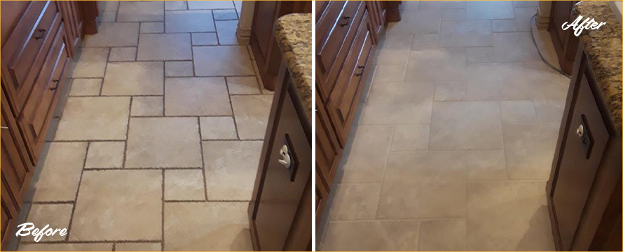 Kitchen Tile Floor Before and After Our Grout Cleaning Service in Dallas, TX