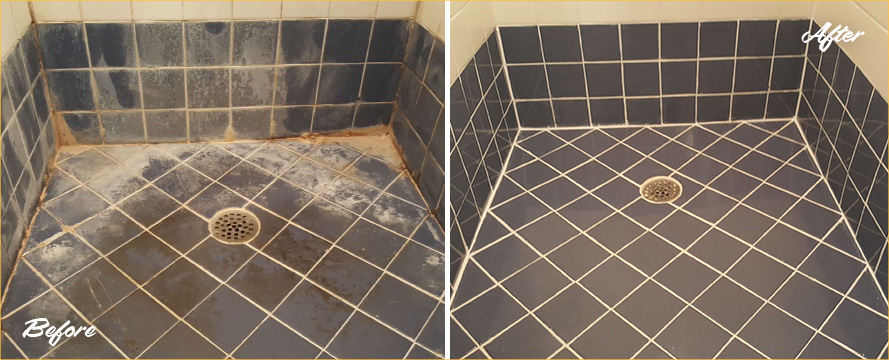 Shower Before and After a Tile Cleaning Job in Dallas, TX