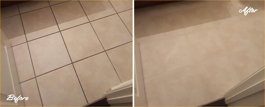 Before and After Picture of a Grout Sealing Service on a Bathroom Floor in Dallas, TX
