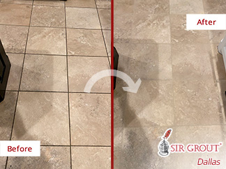 A Picture of a Travertine Floor Before and After a Stone Cleaning in Grapevine, TX