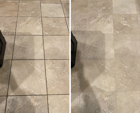 A Picture of a Travertine Floor Before and After a Stone Cleaning in Grapevine, TX