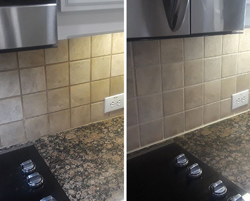 Before and After Image of a Kitchen Wall After a Grout Cleaning in Dallas, TX