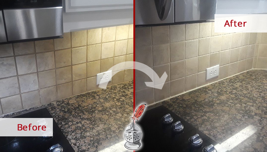 Picture of a Kitchen Wall Before and After a Grout Cleaning in Dallas, TX