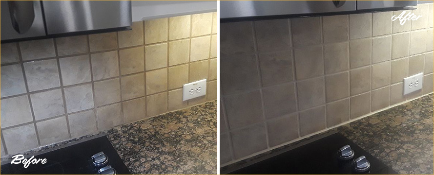 Picture of a Kitchen Wall Before and After a Grout Cleaning in Dallas, TX